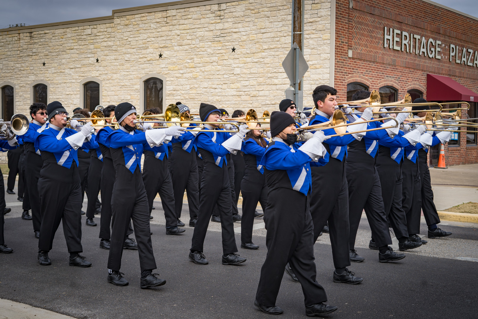 Marching band in blue and black.