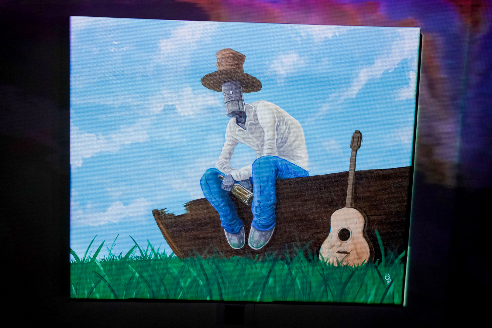 A painting of a robot guitarist sitting