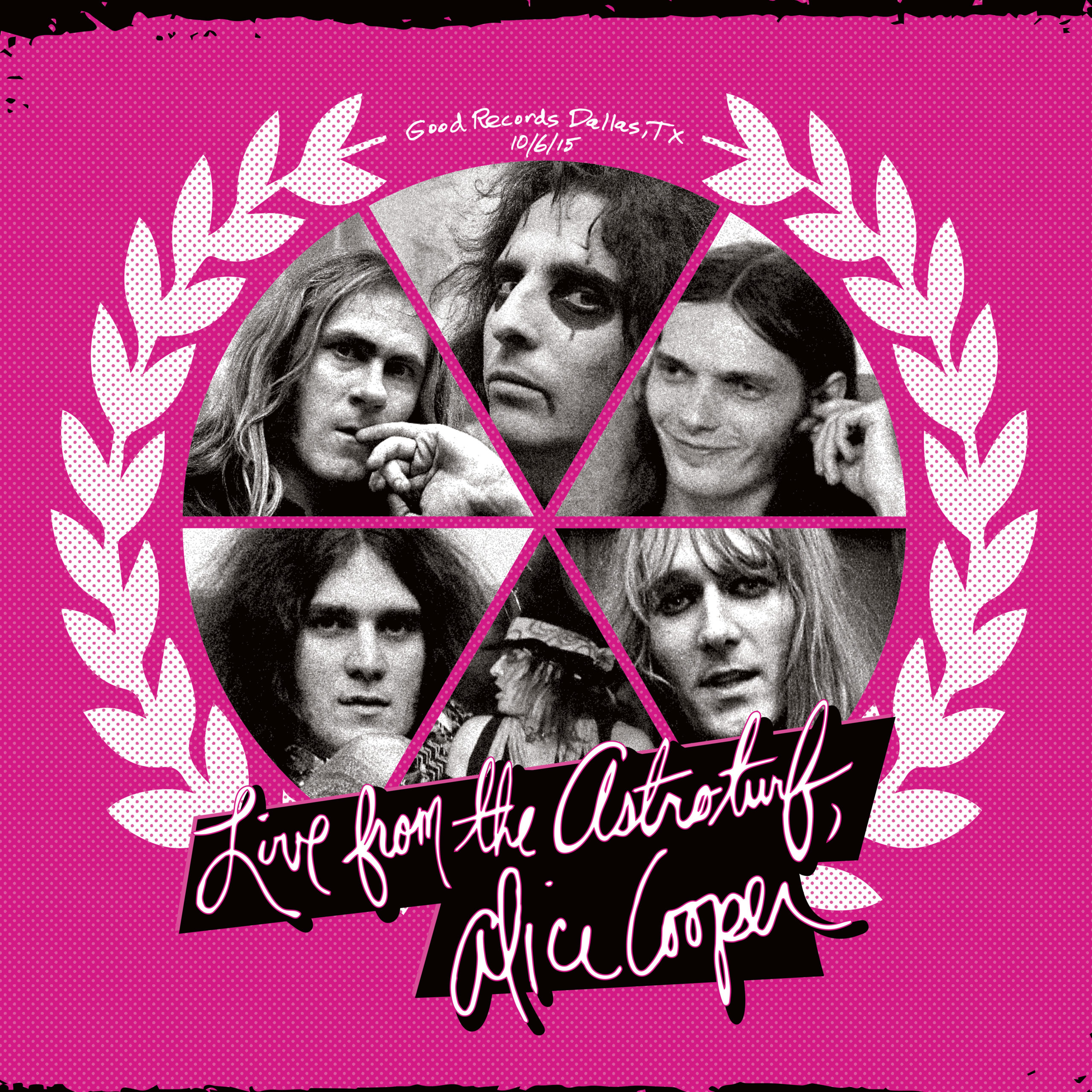 The pink cover of Alice Cooper's album features the faces of the original line-up