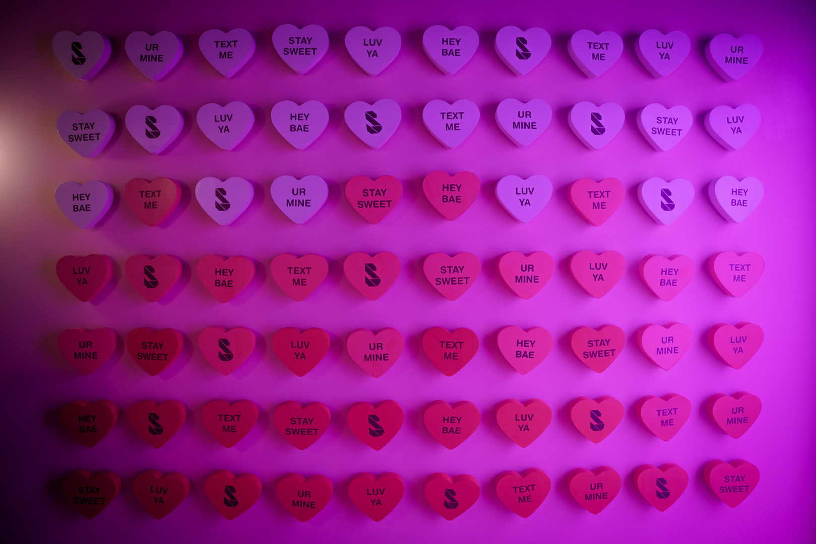 An art installation of valentine's heart candies