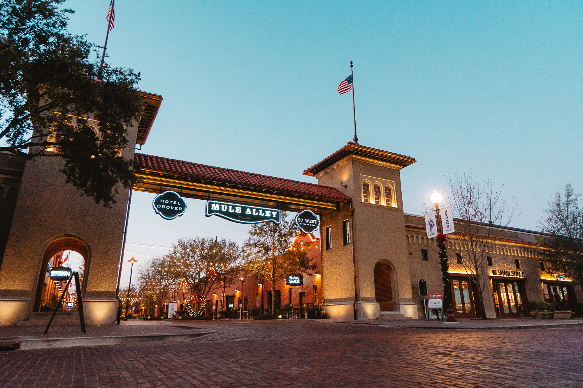 A view, in early evening, of Mule Alley in the Fort Worth Stockyards