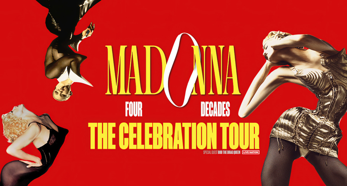 Images of Madonna throughout her career against text describing the tour