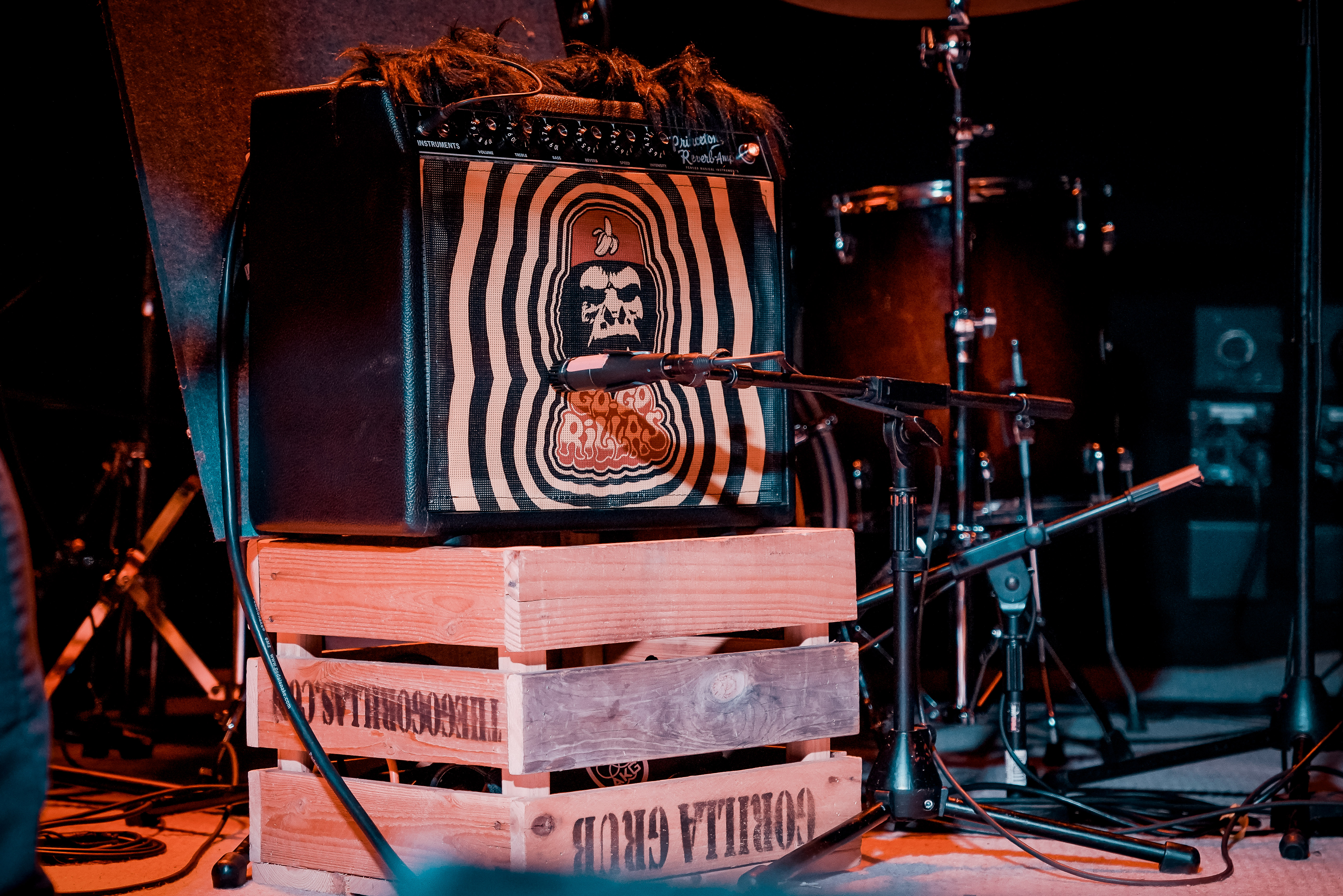 An amp on stage with gorilla artwork