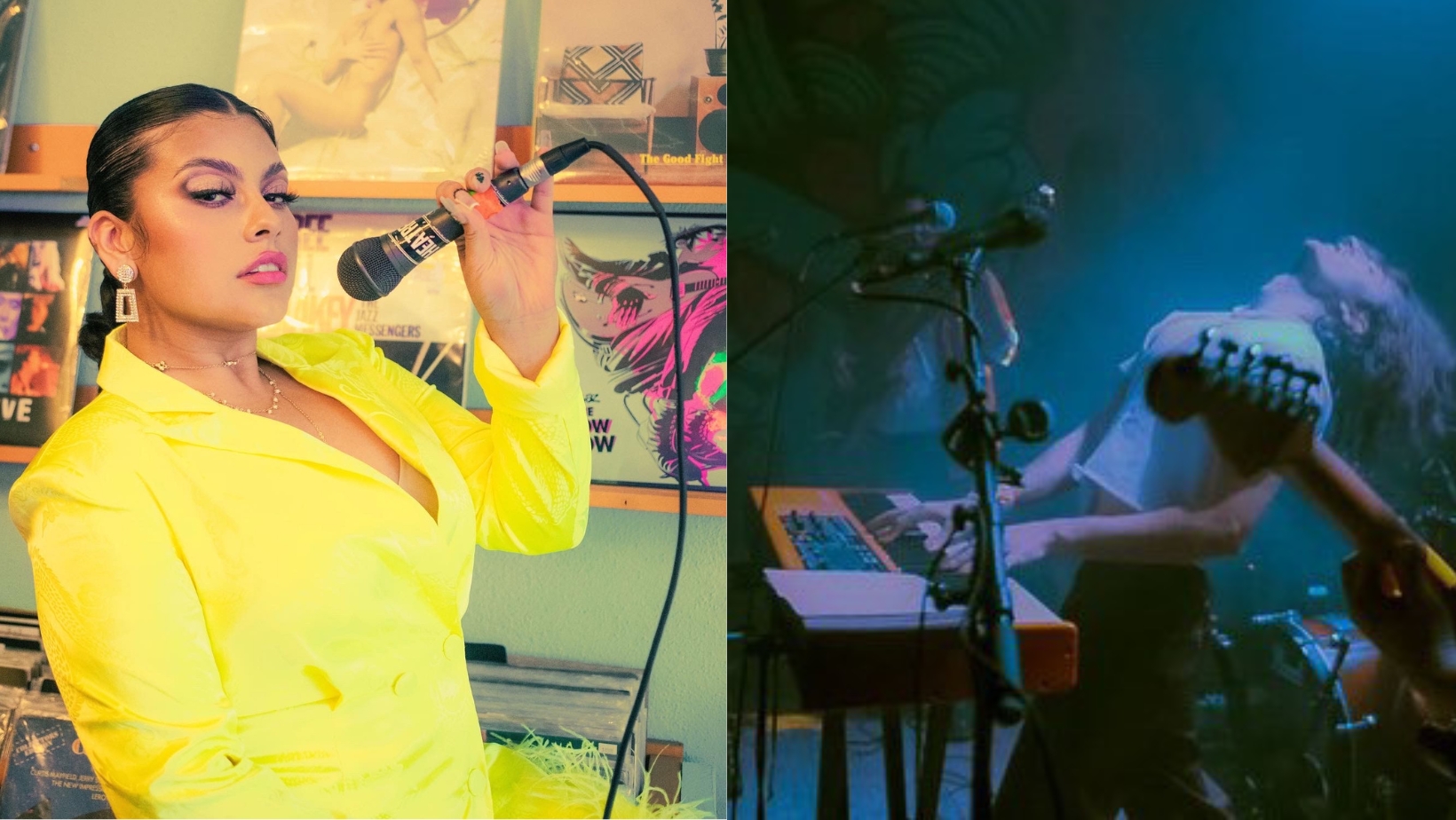 Muriel, wearing yellow, holds a microphone and Sam Cormier plays a piano, head thrown back