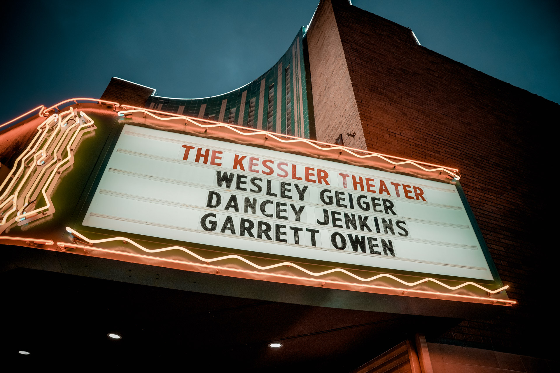 A marquee with Wesley Geiger, Dancey Jenkins and Garrett Owen