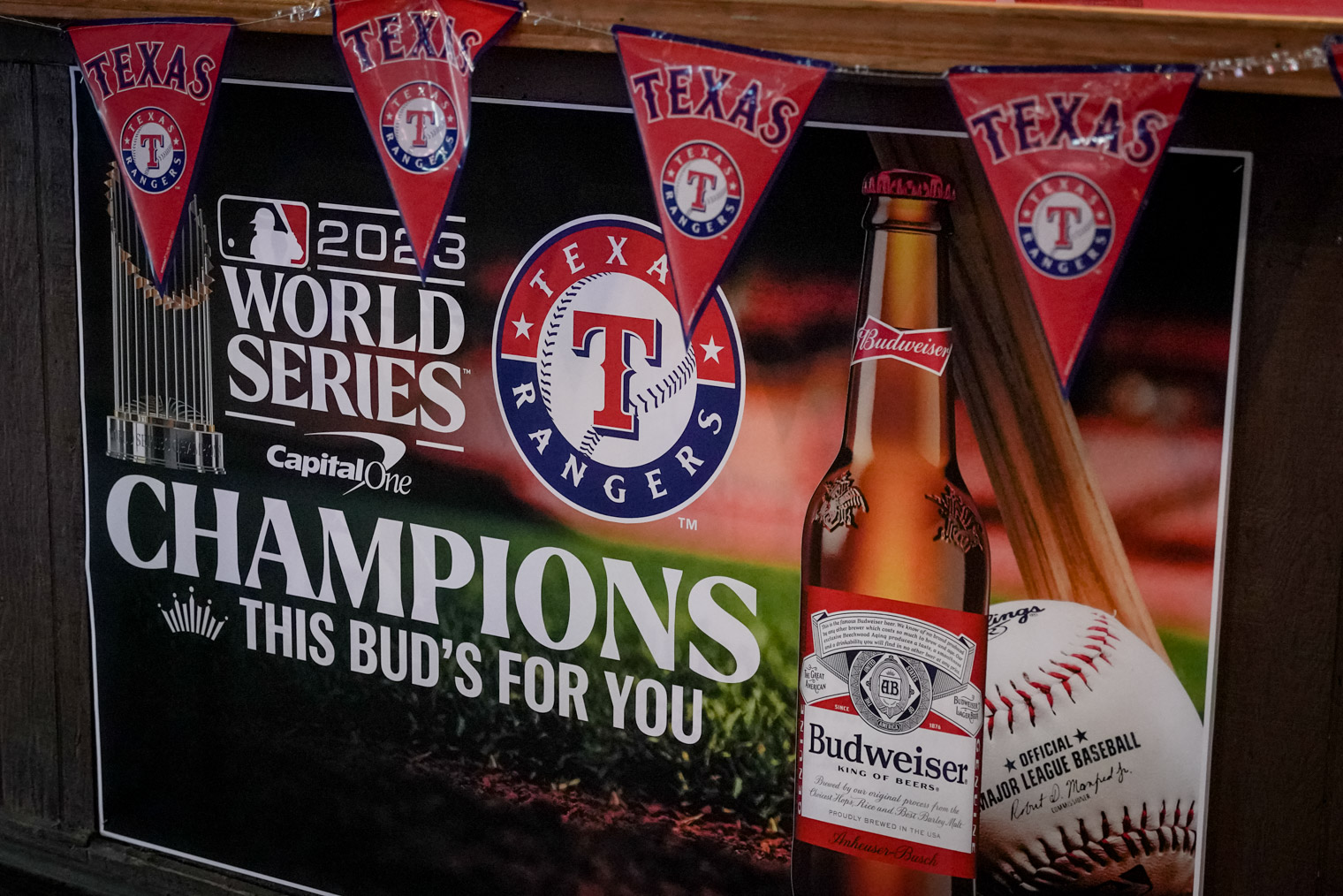 A poster from Budweiser congratulating the world series champions