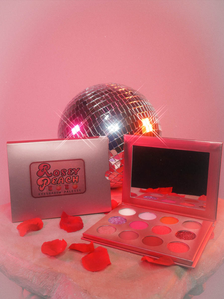 A dreamy photo of an eyeshadow color palette with a disco ball