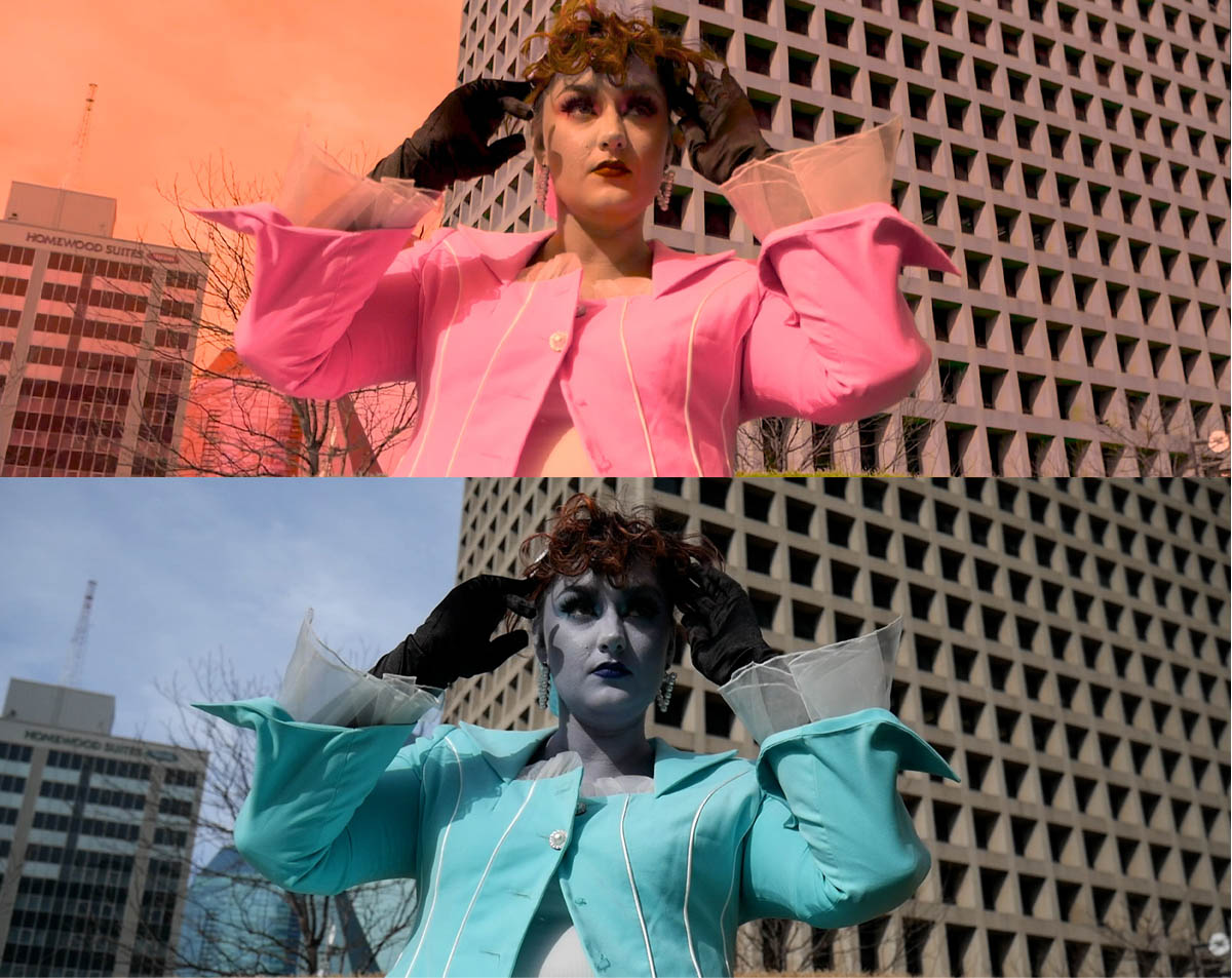 Two shots of a woman in orange, then inverted in blue